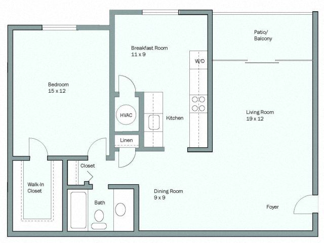 Floor plan for 1 bed, 1 bath, 897 sqft