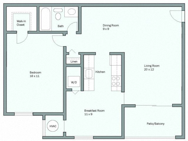 Floor plan for 1 bed, 1 bath, 892 sqft