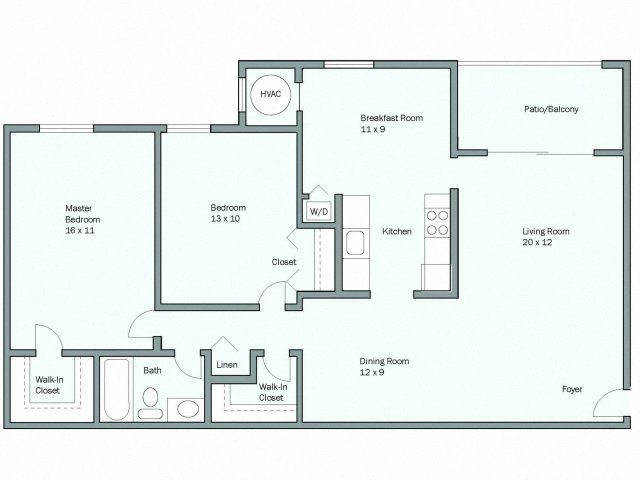 Floor plan for 2 beds, 1 bath, 1082 sqft