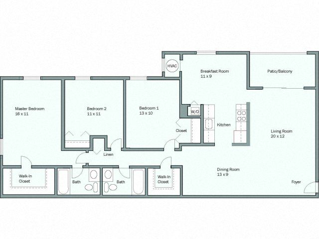 Floor plan for 3 beds, 2 baths, 1382 sqft