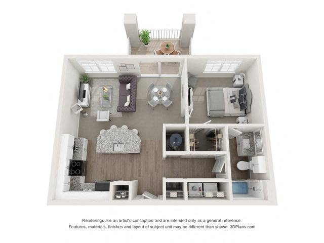Floor plan for 1 bed, 1 bath, 734 sqft