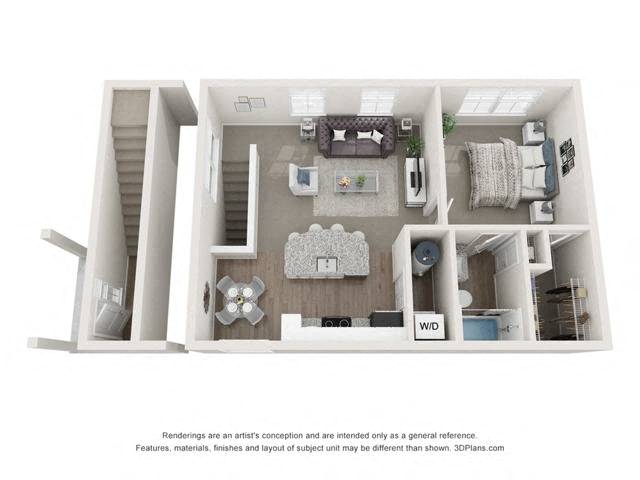 Floor plan for 1 bed, 1 bath, 687 sqft