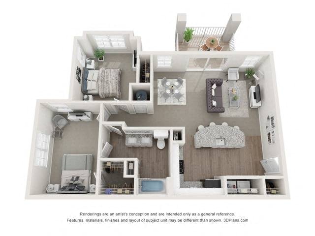 Floor plan for 2 beds, 1 bath, 1032 sqft
