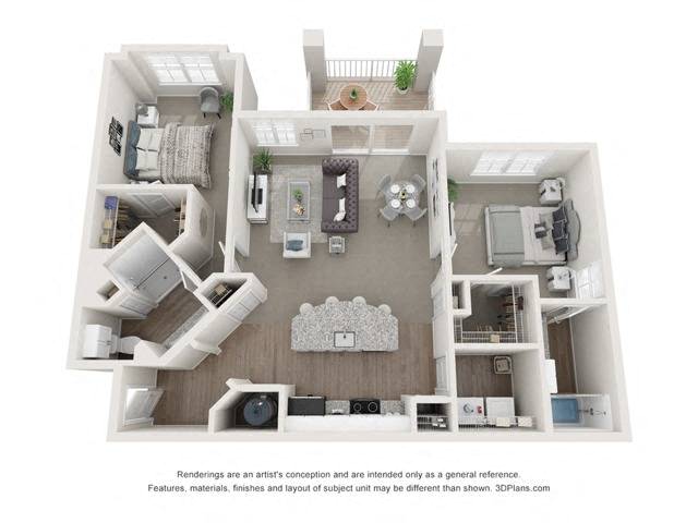 Floor plan for 2 beds, 2 baths, 1111 sqft