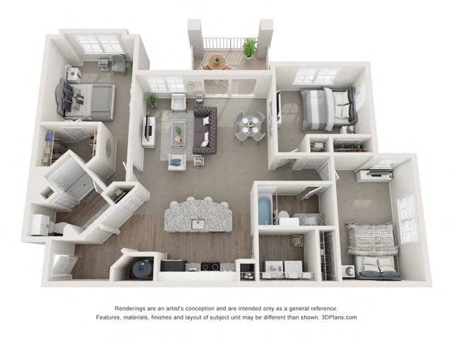 Floor plan for 3 beds, 2 baths, 1386 sqft