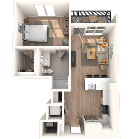 Floor plan for 1 bed, 1 bath, 657 sqft