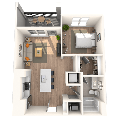 Floor plan for 1 bed, 1 bath, 668 sqft