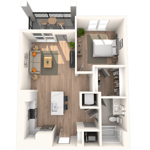 Floor plan for 1 bed, 1 bath, 729 sqft