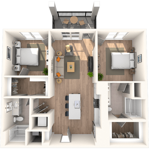 Floor plan for 2 beds, 2 baths, 1056 sqft
