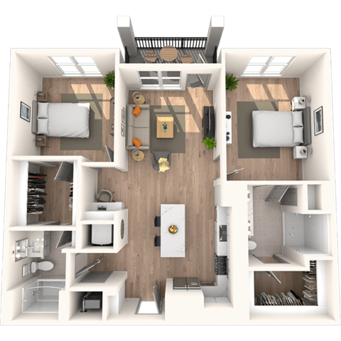 Floor plan for 2 beds, 2 baths, 1165 sqft