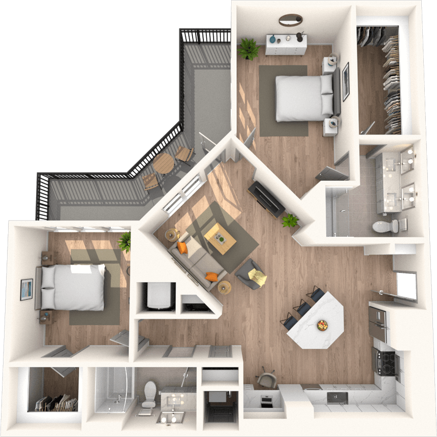 Floor plan for 2 beds, 2 baths, 1242 sqft