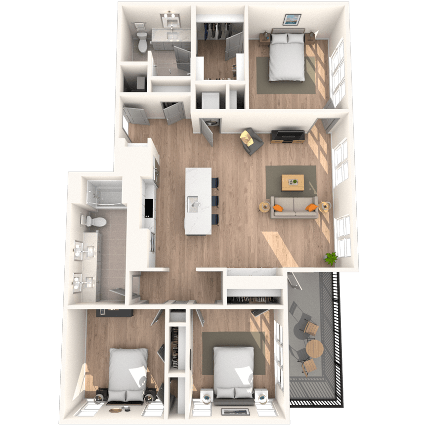 Floor plan for 3 beds, 2 baths, 1516 sqft