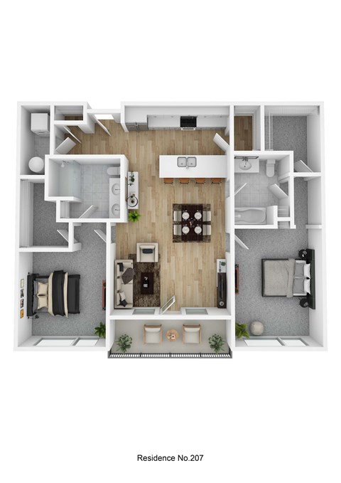 Floor plan for 2 beds, 2 baths, 1217 sqft