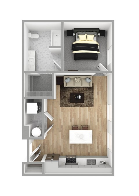 Floor plan for 1 bed, 1 bath, 648 sqft
