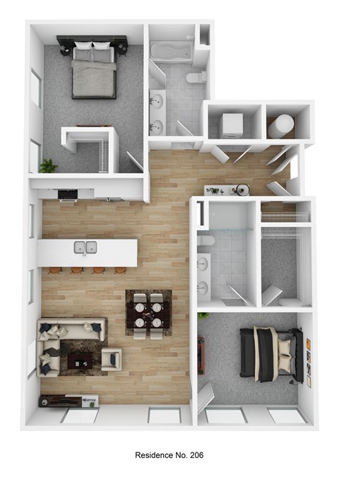 Floor plan for 2 beds, 2 baths, 1221 sqft