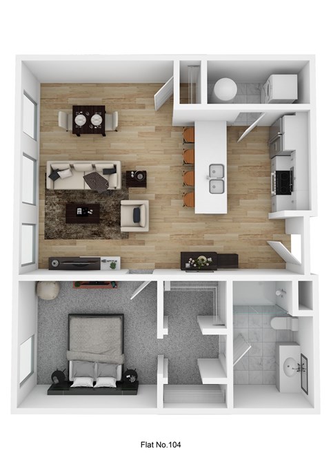 Floor plan for 1 bed, 1 bath, 755 sqft