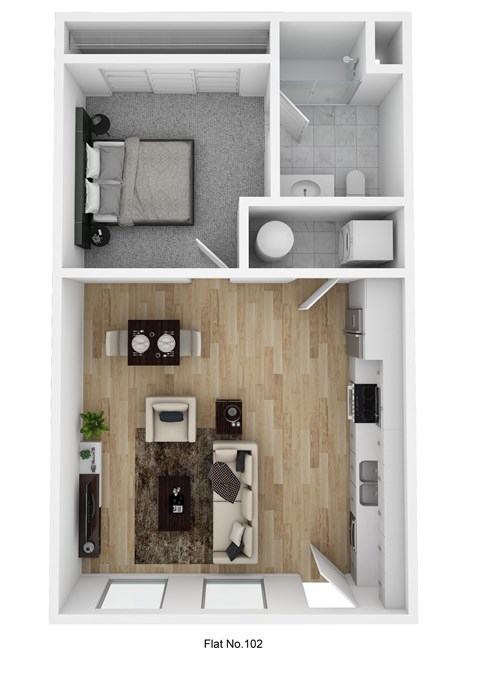 Floor plan for 1 bed, 1 bath, 663 sqft