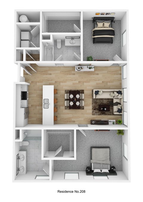 Floor plan for 2 beds, 2 baths, 1242 sqft