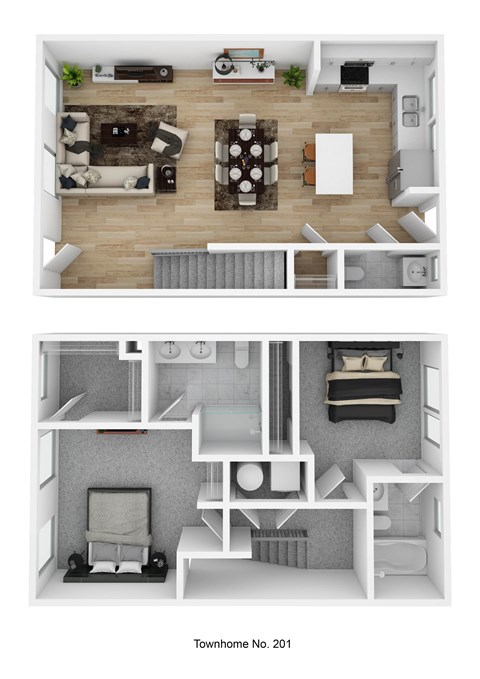 Floor plan for 2 beds, 2.5 baths, 1240 sqft