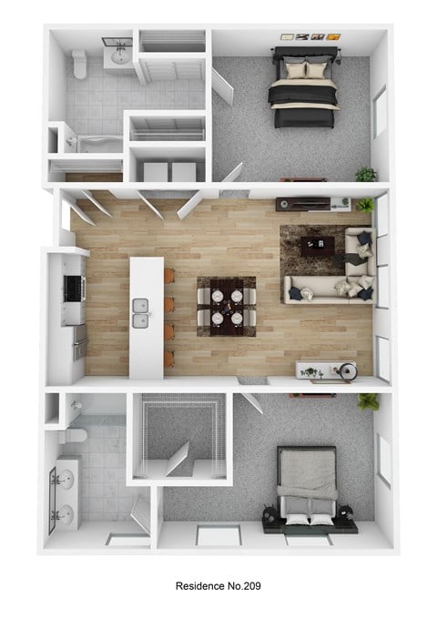 Floor plan for 2 beds, 2 baths, 1242 sqft