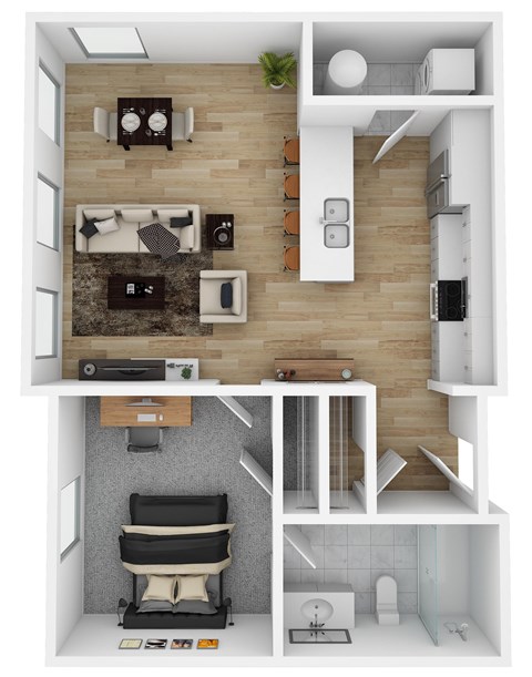 Floor plan for 1 bed, 1 bath, 763 sqft