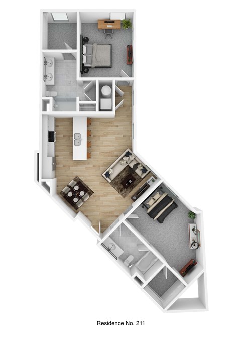 Floor plan for 2 beds, 2 baths, 1305 sqft