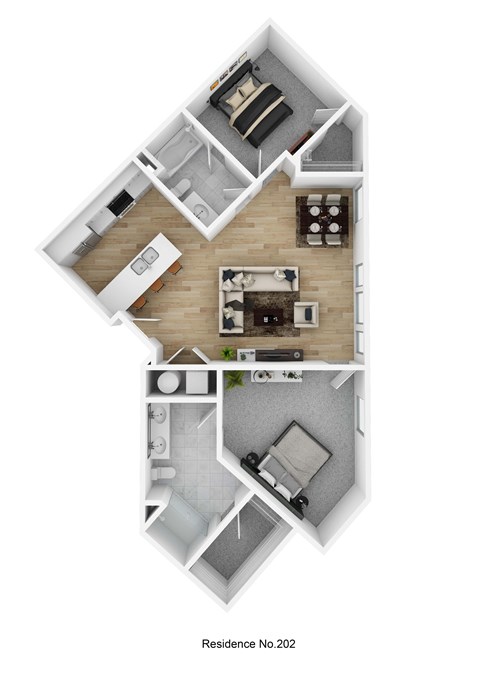 Floor plan for 2 beds, 2 baths, 1106 sqft