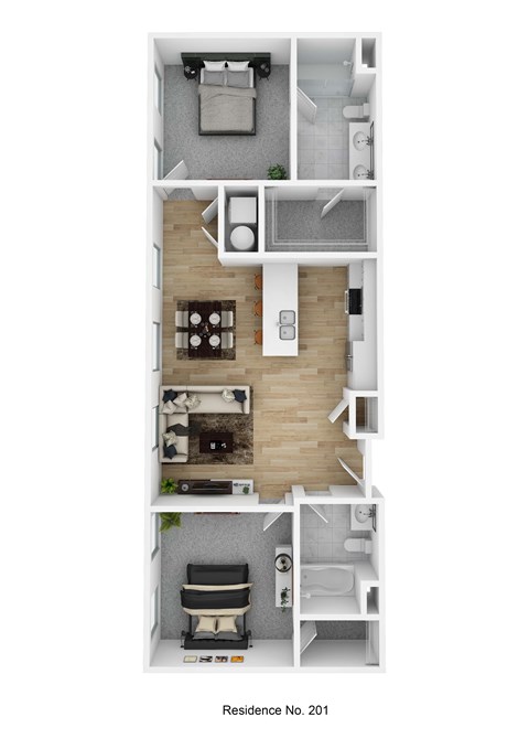 Floor plan for 2 beds, 2 baths, 1047 sqft