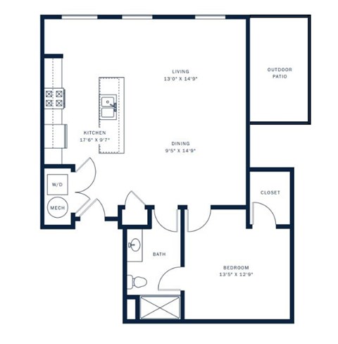 Floor plan for 1 bed, 1 bath, 931 sqft