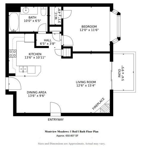 Floor plan for 1 bed, 1 bath, 807 sqft