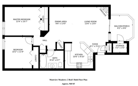 Floor plan for 2 beds, 1 bath, 960 sqft