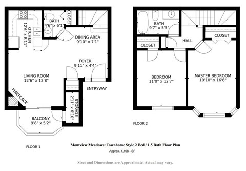 Floor plan for 2 beds, 1.5 baths, 1108 sqft