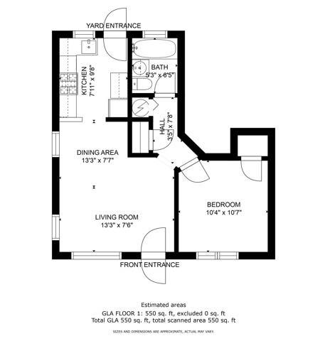 Floor plan for 1 bed, 1 bath, 550 sqft