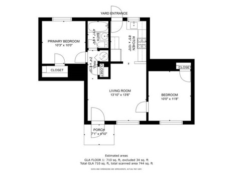 Floor plan for 2 beds, 1 bath, 710 sqft
