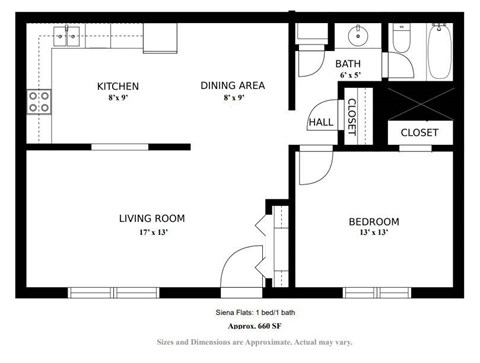 Floor plan for 1 bed, 1 bath, 748 sqft