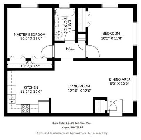 Floor plan for 2 beds, 1 bath, 750 sqft