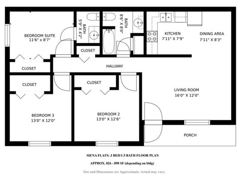 Floor plan for 3 beds, 1.5 baths, 890 sqft
