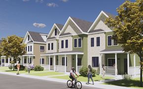 Hudson apartment for rent - Architects rendered drawing of a quaint townhouse lined street.