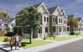 Hudson apartment for rent - Architects rendered drawing of a quaint townhouse lined street.
