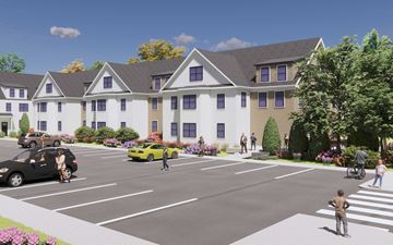 Hudson apartment for rent - a rendering of a white building with a street in front of it