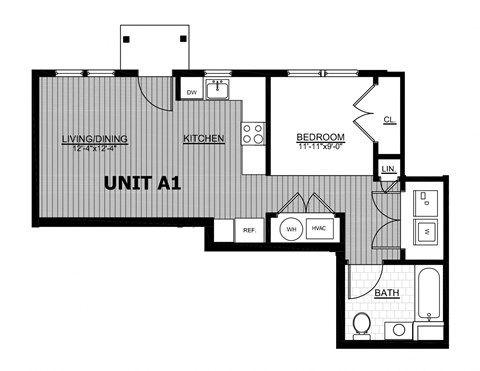 Floor plan for 1 bed, 1 bath, 575 sqft