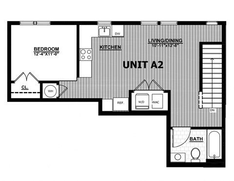Floor plan for 1 bed, 1 bath, 633 sqft