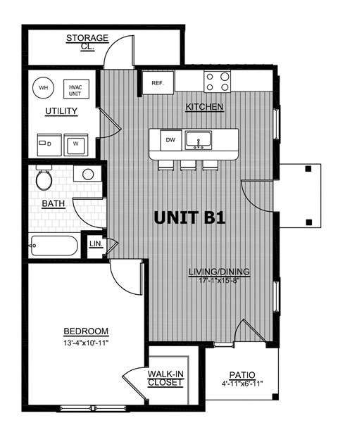Floor plan for 1 bed, 1 bath, 794 sqft