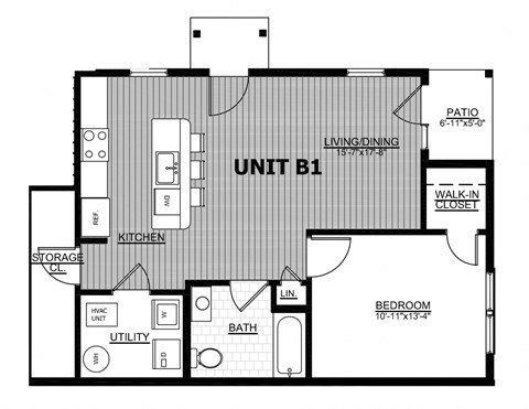 Floor plan for 1 bed, 1 bath, 799 sqft
