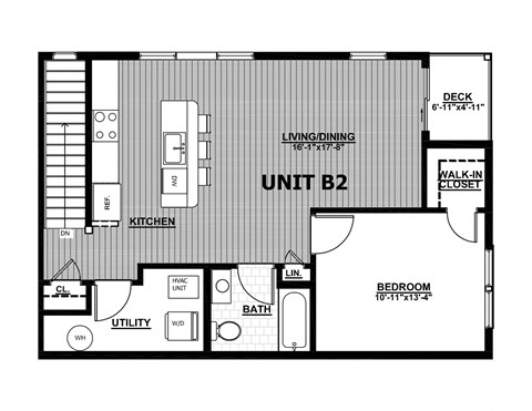 Floor plan for 1 bed, 1 bath, 850 sqft