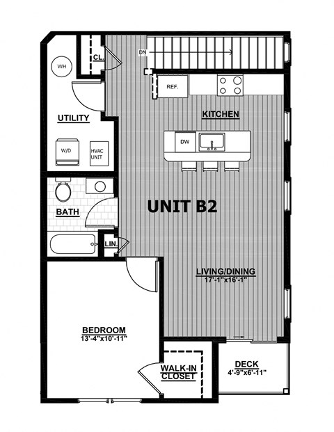 Floor plan for 1 bed, 1 bath, 852 sqft