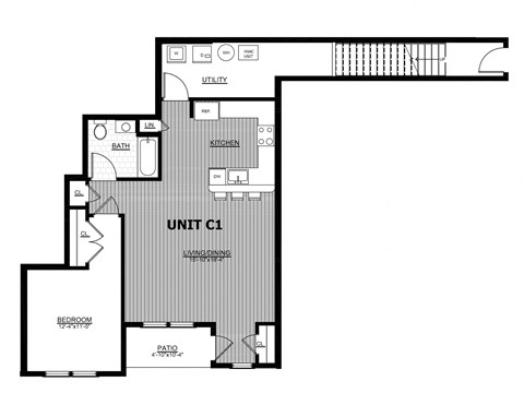 Floor plan for 1 bed, 1 bath, 971 sqft
