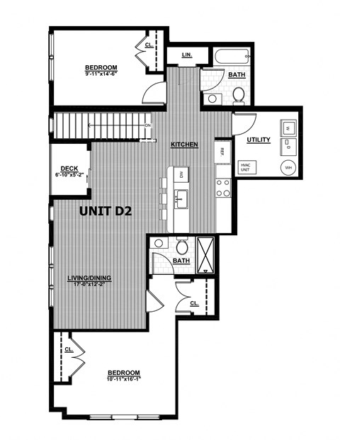 Floor plan for 2 beds, 2 baths, 1121 sqft