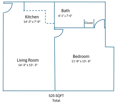 Floor plan for 1 bed, 1 bath