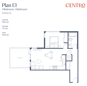 Victoria apartment for rent - A floor plan for Plan E1, a 1 Bedroom, 1 Bathroom apartment, is displayed.